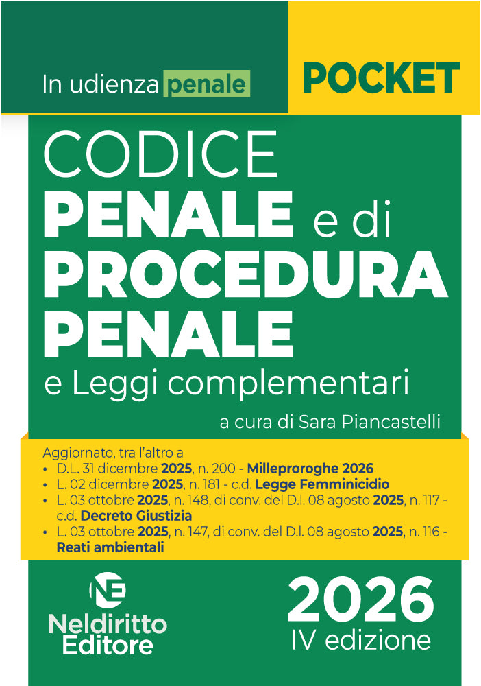 Codice Penale e di Procedura penale normativo in udienza 2026 - PIANCASTELLI