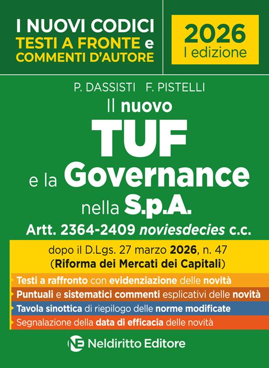 Il nuovo TUF e la Governance della S.p.A. 2026 con testi a fronte e commenti d'autore