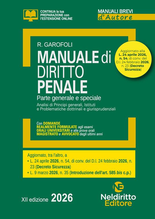 Manuale breve di diritto penale 2026. Aggiornato al Decreto Sicurezza - Roberto Garofoli