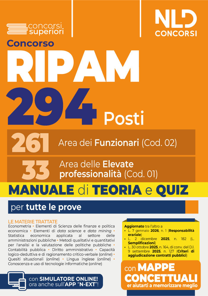 Concorso Ripam 294 posti: 261 Funzionari e 33 Elevate Professionalità. Manuale di Teoria e quiz