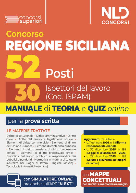 Concorso Regione Siciliana 52 posti. 30 Ispettori del Lavoro Manuale di teoria e quiz per la prova scritta 2026