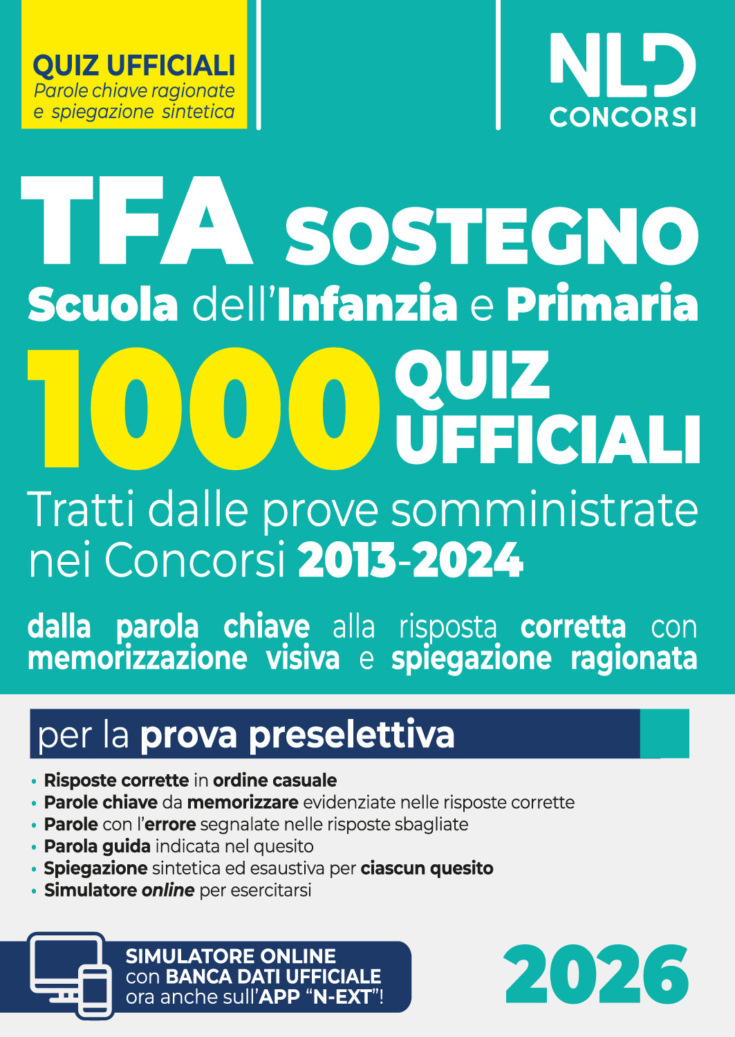 TFA Sostegno 2026 1000 Quiz ufficiali per la Scuola dell'Infanzia e Primaria per la prova preselettiva