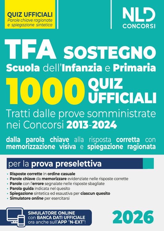 TFA Sostegno 2026 1000 Quiz ufficiali per la Scuola dell'Infanzia e Primaria per la prova preselettiva