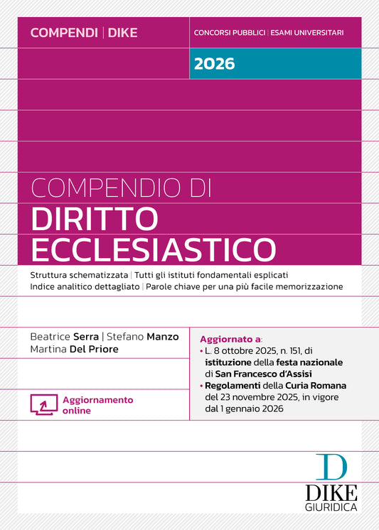 Compendio di Diritto Ecclesiastico 2026 - Beatrice Serra  ,  Martina Del Priore  ,  Stefano Manzo