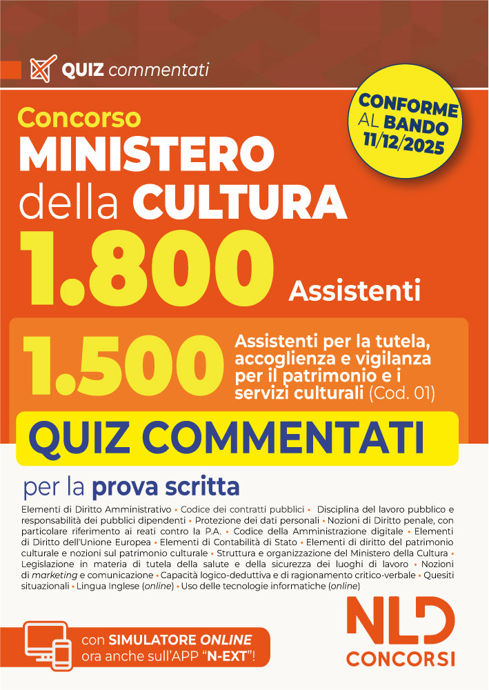 Concorso Ministero della Cultura 1800 posti - profilo 1.500 assistenti per la tutela, accoglienza e vigilanza per il patrimonio e i servizi culturali (Cod. 01). Quiz Commentati per la prova scritta
