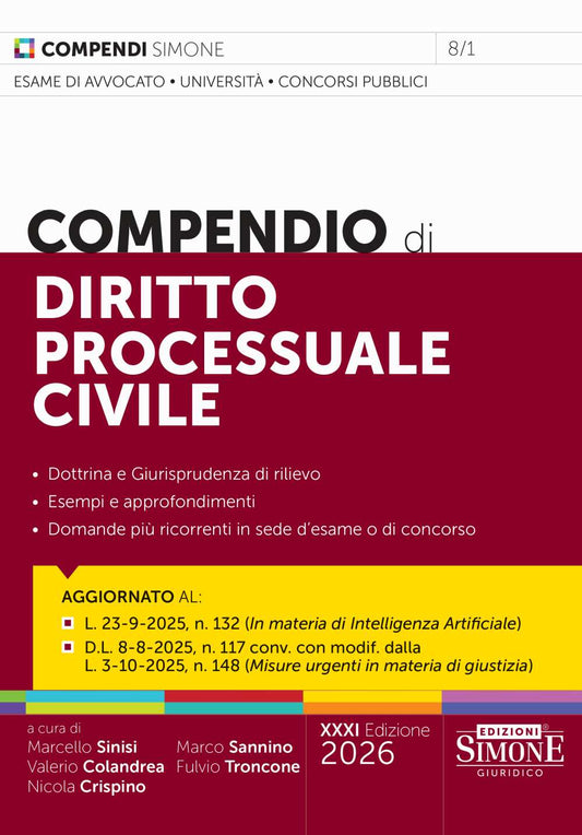 Compendio di Diritto Processuale Civile 2026 - Marcello Sinisi - Valerio Colandrea, Nicola Crispino, Marco Sannino, Fulvio Troncone